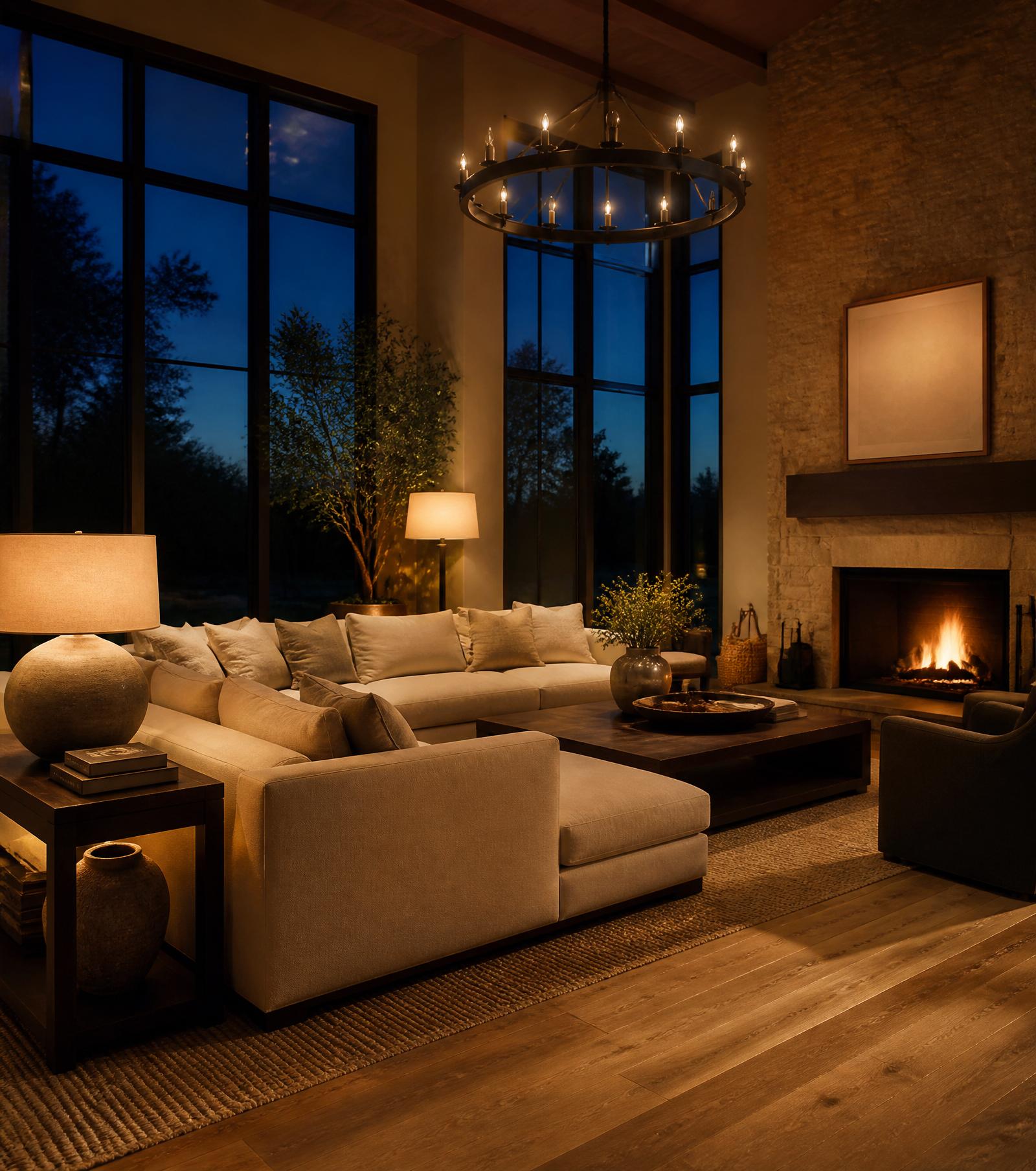 Sunlit living room with linen sofa