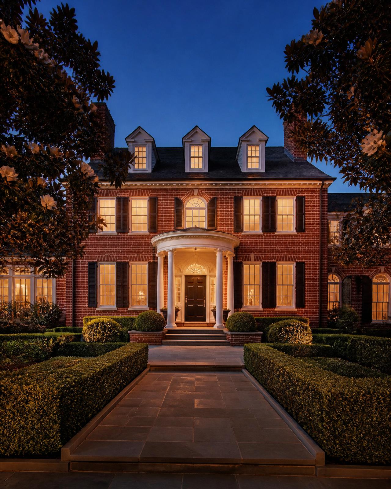 Elegant brick colonial home at blue hour